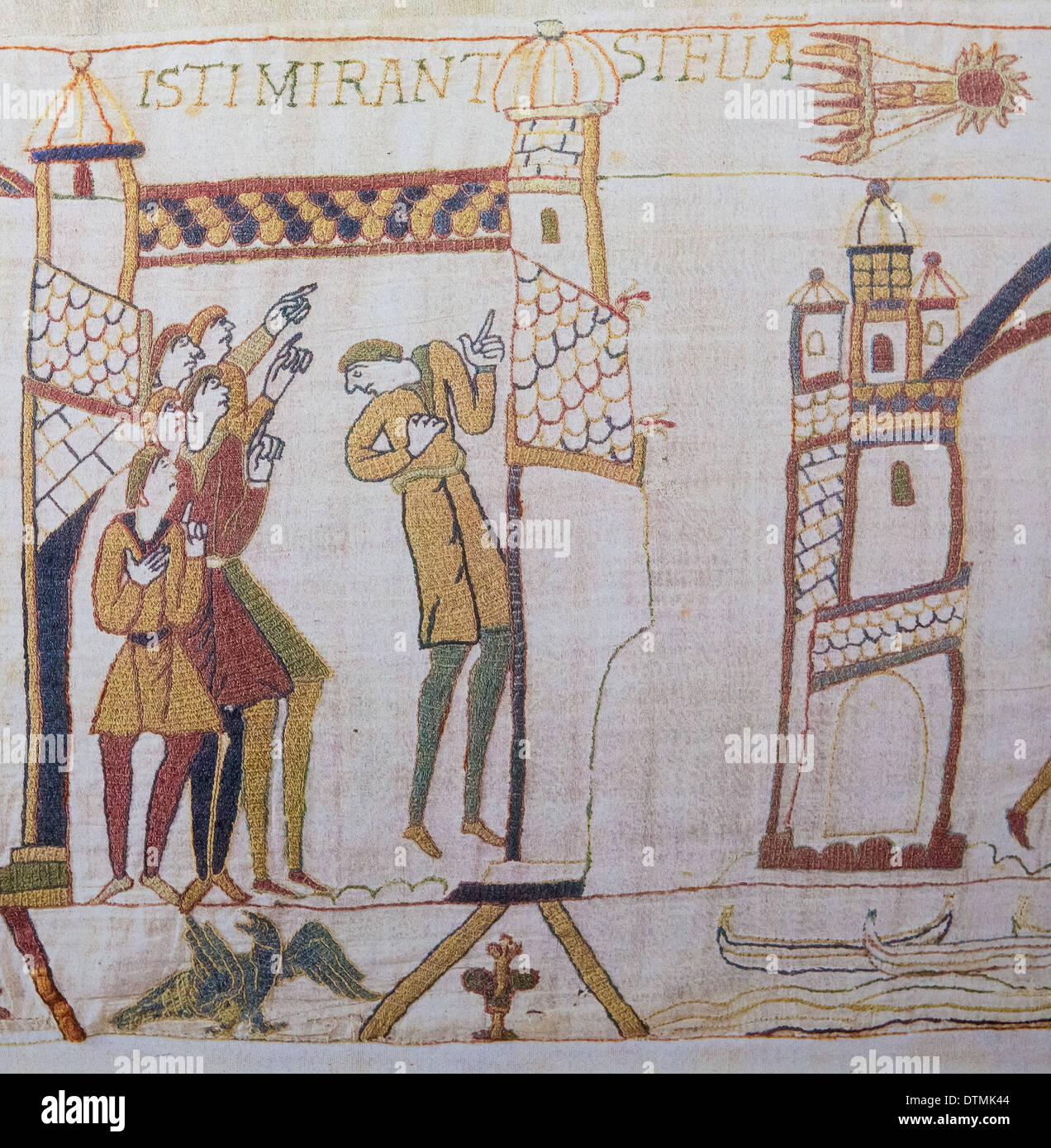 Detail of the Bayeux Tapestry depicting the appearance of Comet Halley before the Norman invasion of England in the 11th Century Stock Photo