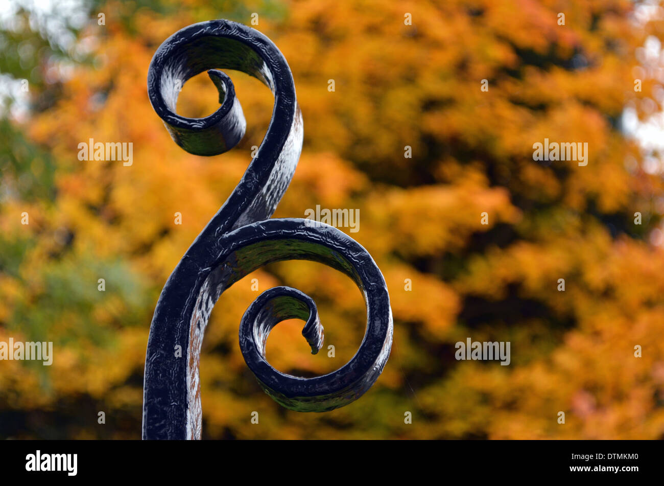 Detail of wrought Iron park gate with Autumn trees in the background. Stock Photo