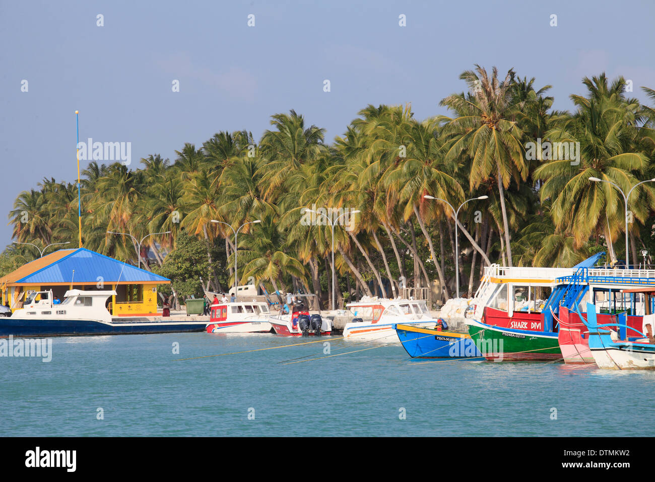 Maldives, Maafushi Island, harbour, boats, Stock Photo