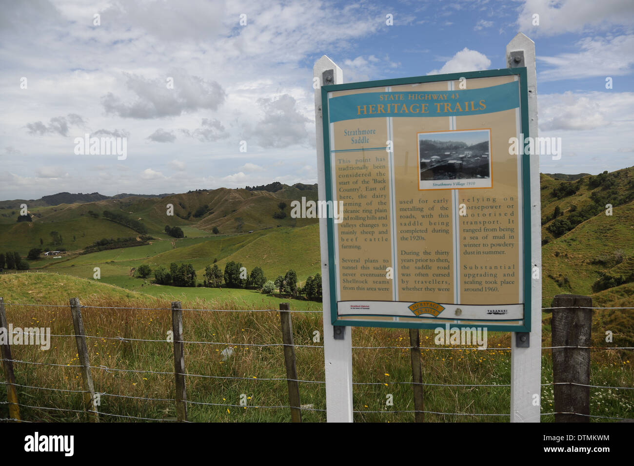 View of sign and Strathmore Saddle from the Forgotten World Highway (SH 43), Whanganui National Park, North Island, New Zealand Stock Photo