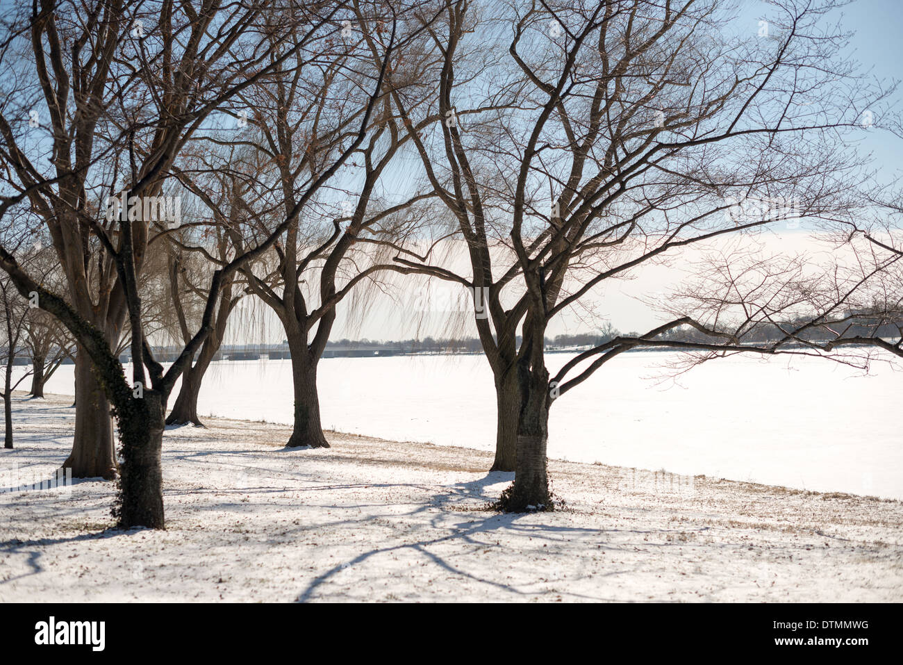 WASHINGTON DC, USA - The Potomac running through Washington DC is frozen and covered with a layer of snow. The region has experienced an unusually cold winter, with sustained low temperatures. Stock Photo