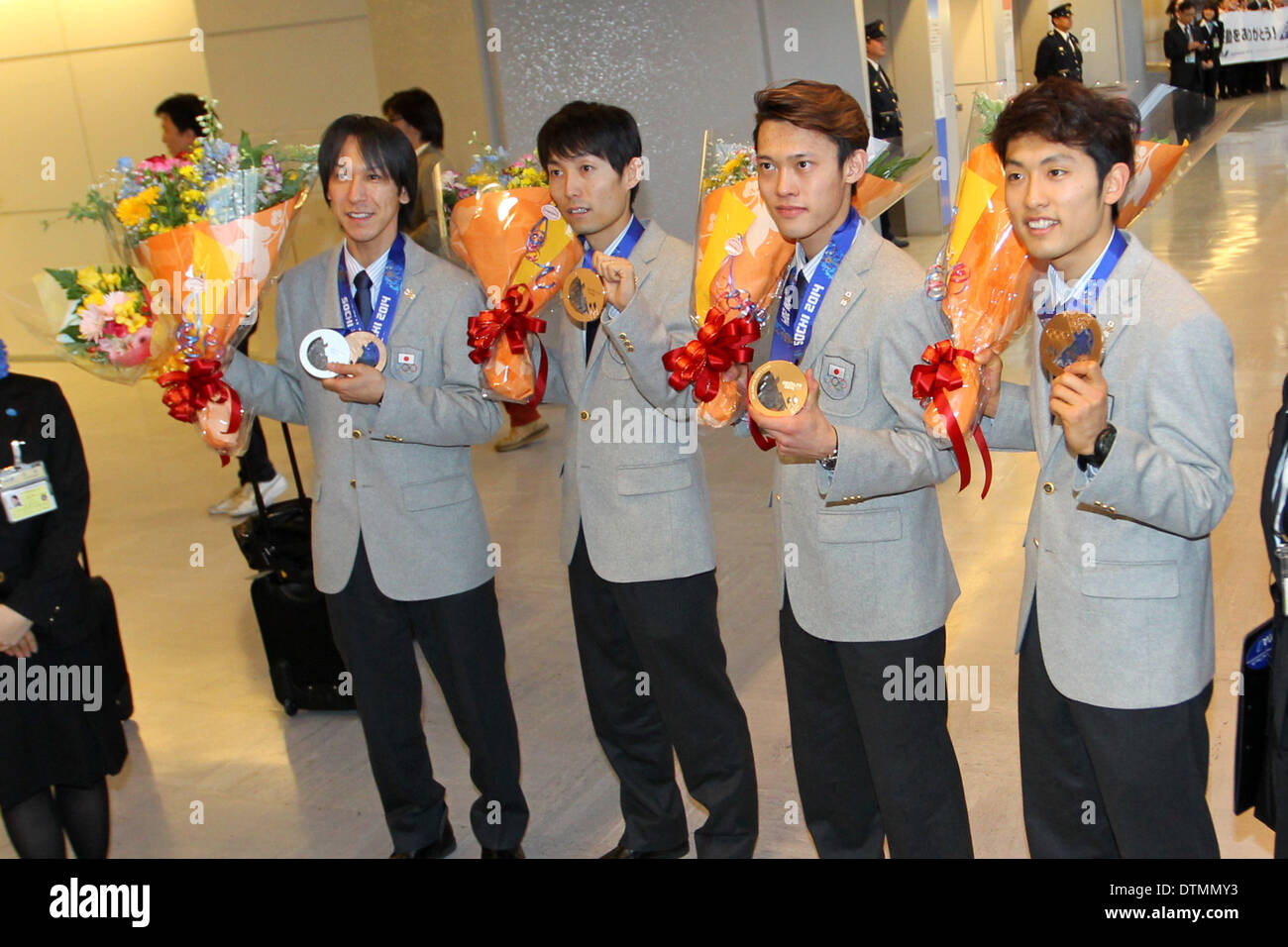 Narita, Japan. 20th Feb, 2014. (L-R) Noriaki Kasai, Daiki Ito, Taku Takeuchi, Reruhi Shimizu (JPN) Ski Jumping : Japanese Ski Jumping team with their bronze medals arrives at Airport in Narita, Japan . Credit:  AFLO SPORT/Alamy Live News Stock Photo