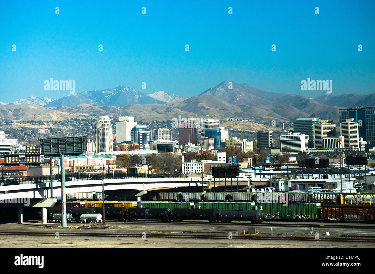 A view of Salt Lake City and the mountains behind the city. Stock Photo