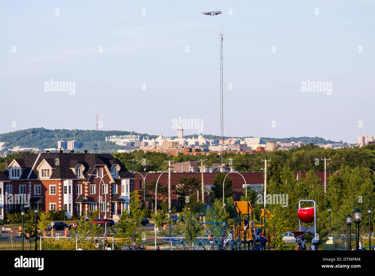 Airplane over Montreal coming to landing Stock Photo Alamy
