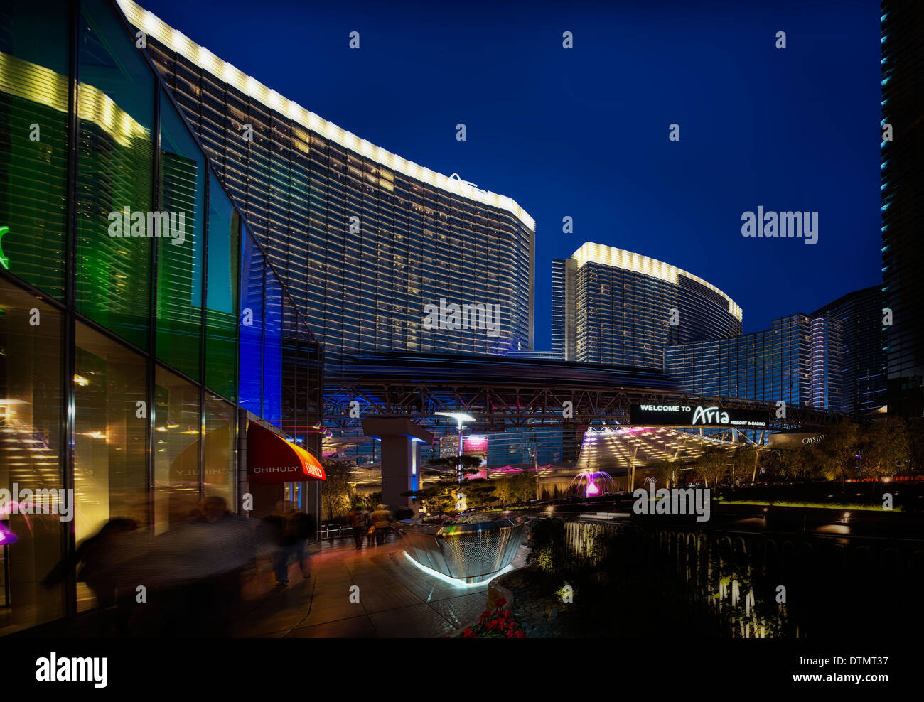 A dramatic horizontal night view of the front entrance of the Aria Resort and Casino in Las Vegas,Nevada Stock Photo