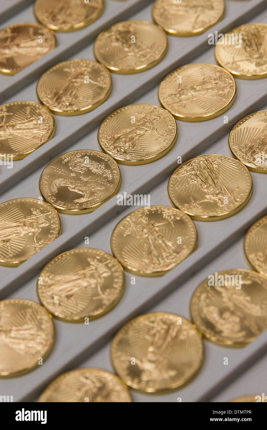 1 ounce Gold Eagle bullion and proof coin production at the West Point Mint.  Stock Photo