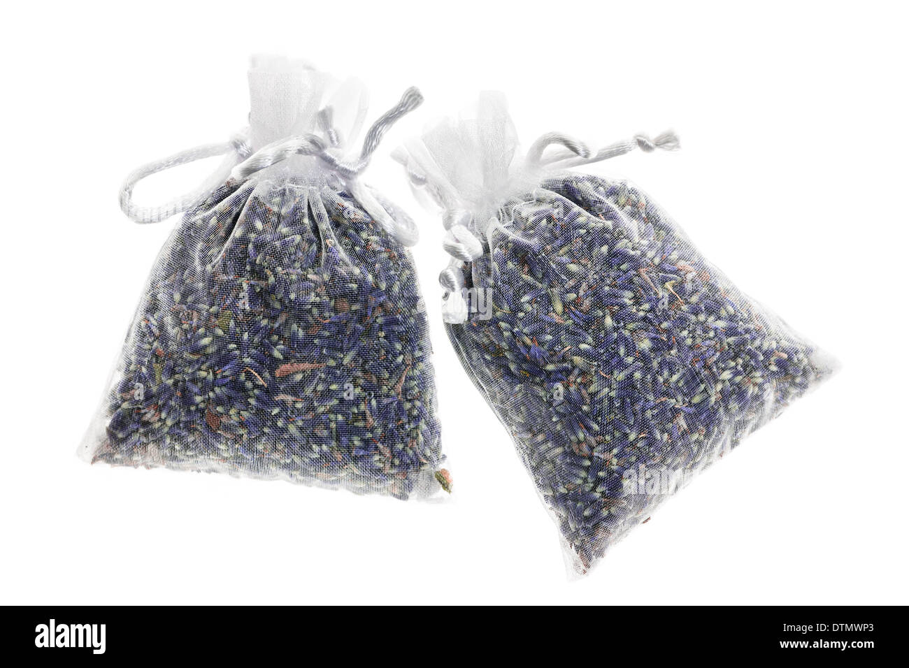 Two sachets with dry lavender flowers isolated on white background Stock Photo