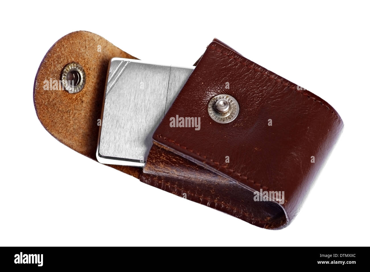 Vintage brown leather case for lighter with lighter inside isolated on white background Stock Photo