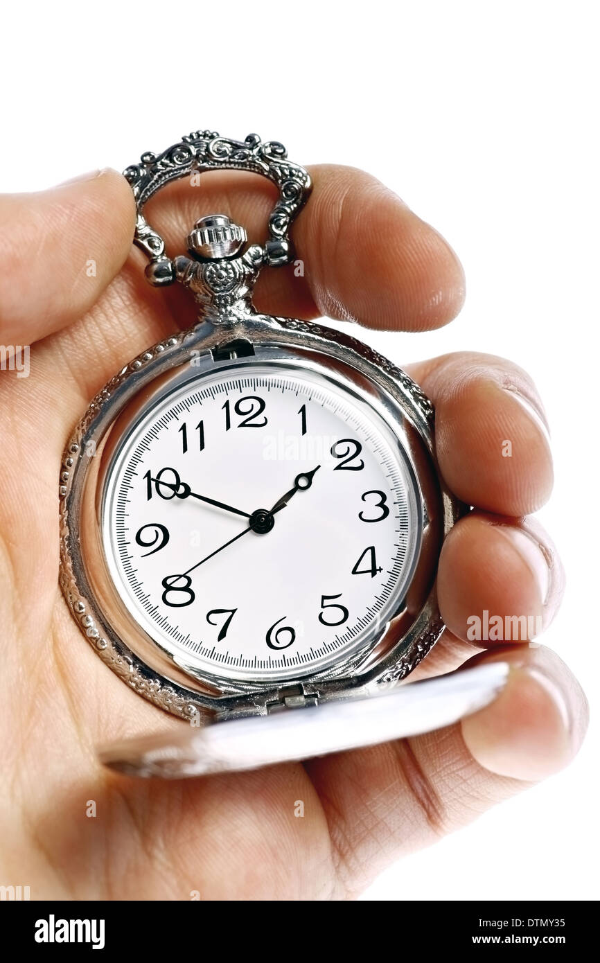 Hand holding vintage pocket watch isolated on white background Stock ...