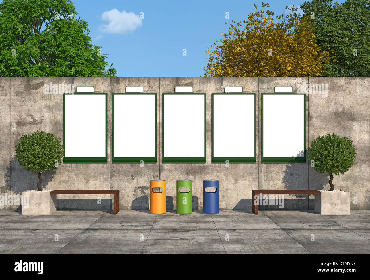 Blank street billboards on concrete wall with bench and colorful