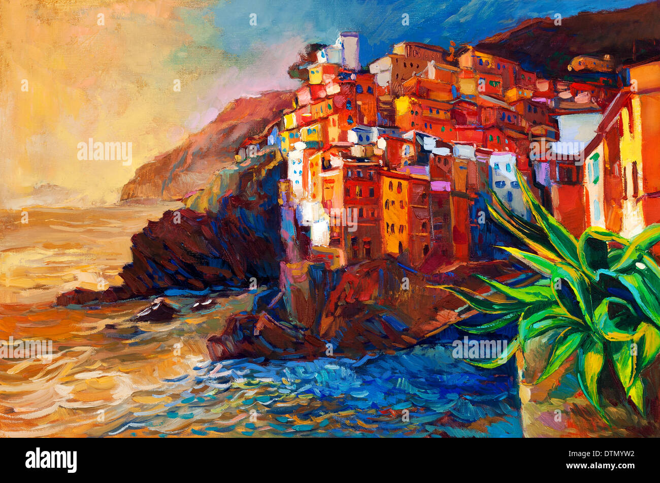 Original abstract oil painting of a village on The Cinque Terre coast on the Italian Riviera.Modern Impressionism Stock Photo