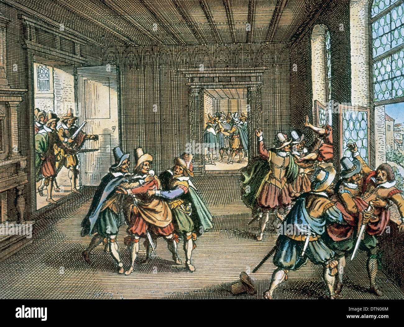 Second Defenestration of Prague, 1618. Engraving coloration. Stock Photo