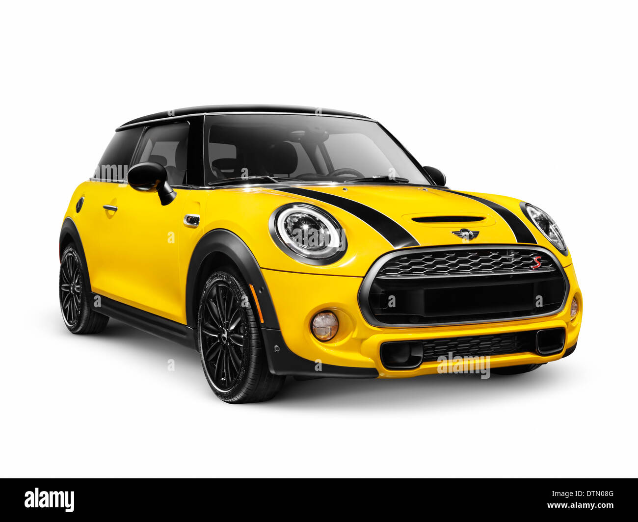 License available at MaximImages.com - Yellow 2014 Mini Cooper S, Mini Hatch, hatchback compact city car isolated on white background Stock Photo