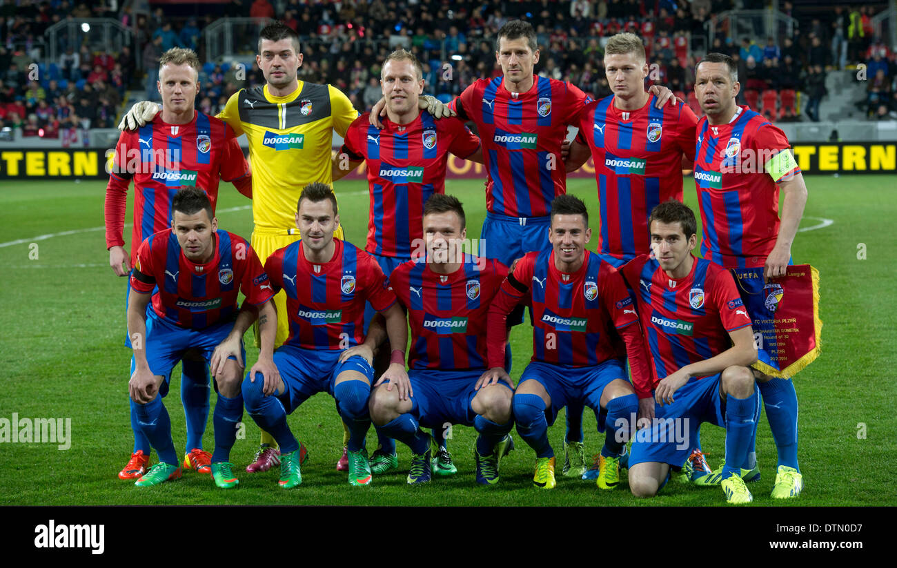 Pilsen, Czech Republic. 20th Feb, 2014. Team of Viktoria Plzen pictured  ahead of Europa league round of 32 first leg soccer match FC Viktoria PLzen  vs Shakhtar Donetsk in Pilsen, Czech Republic,