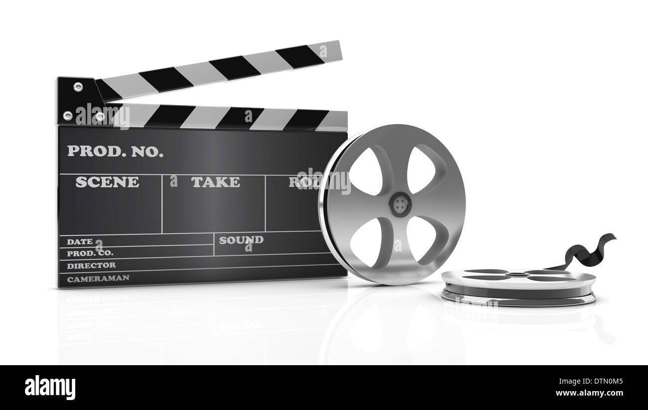 3d cinema clapboard and film on white background Stock Photo