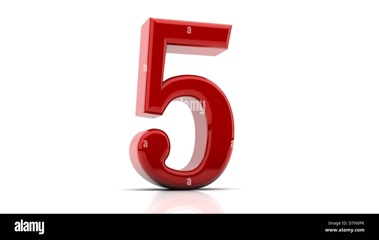 3d Number five in red on white background Stock Photo - Alamy