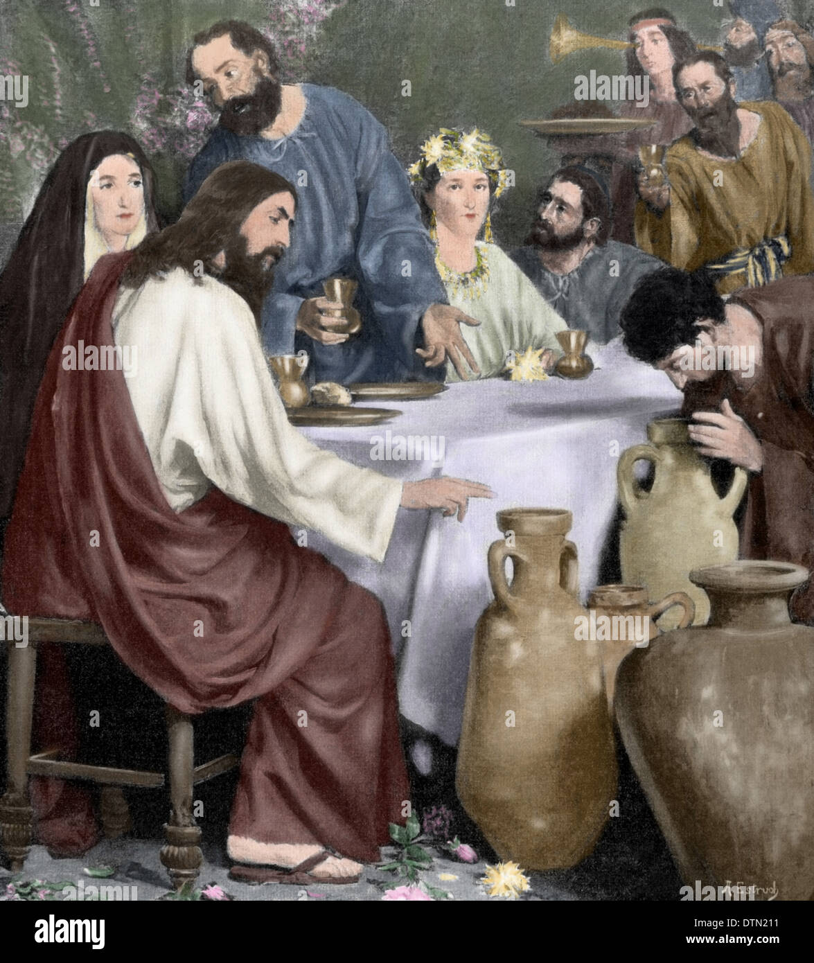 New Testament. Marriage of Cana. Engraving after a painting by Antonio Estruch. The Artistic Illustration, 1897. Colored. Stock Photo