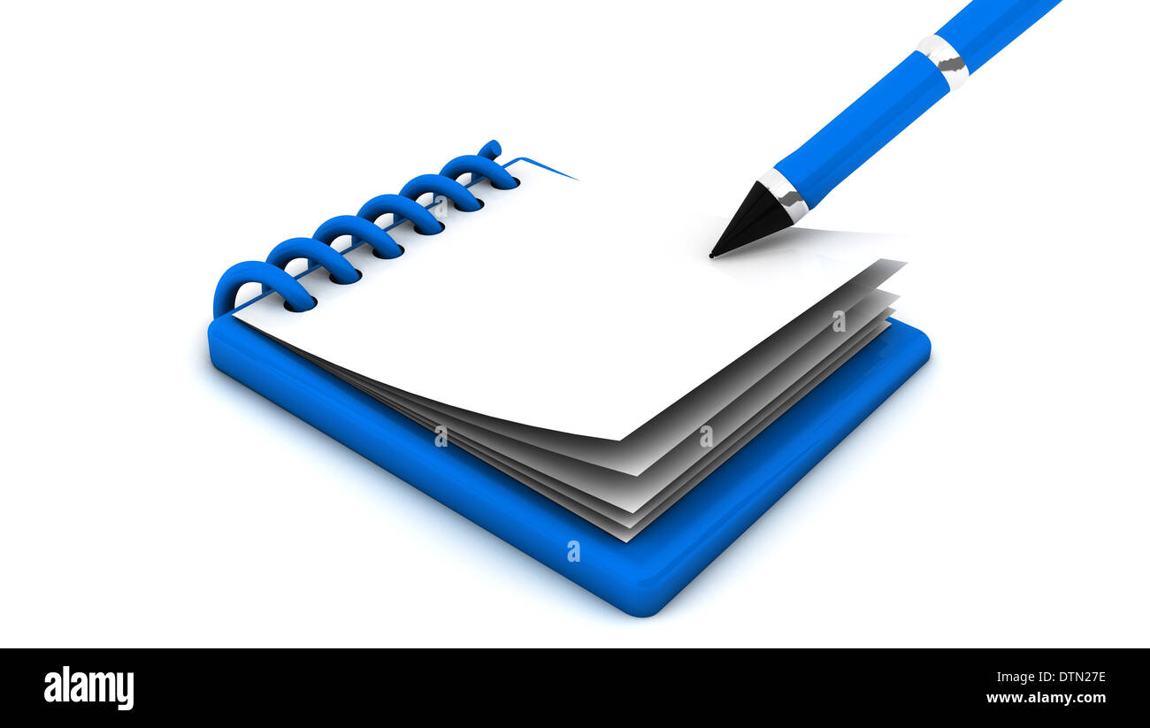 Blue notepad and pen in white background Stock Photo - Alamy