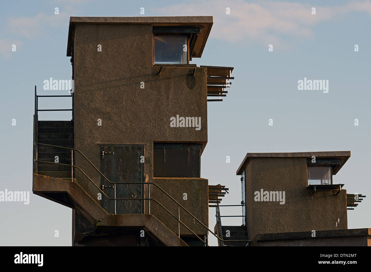 WW2 lookout towers, Landguard Fort, Felixstowe, Suffolk, UK Stock Photo