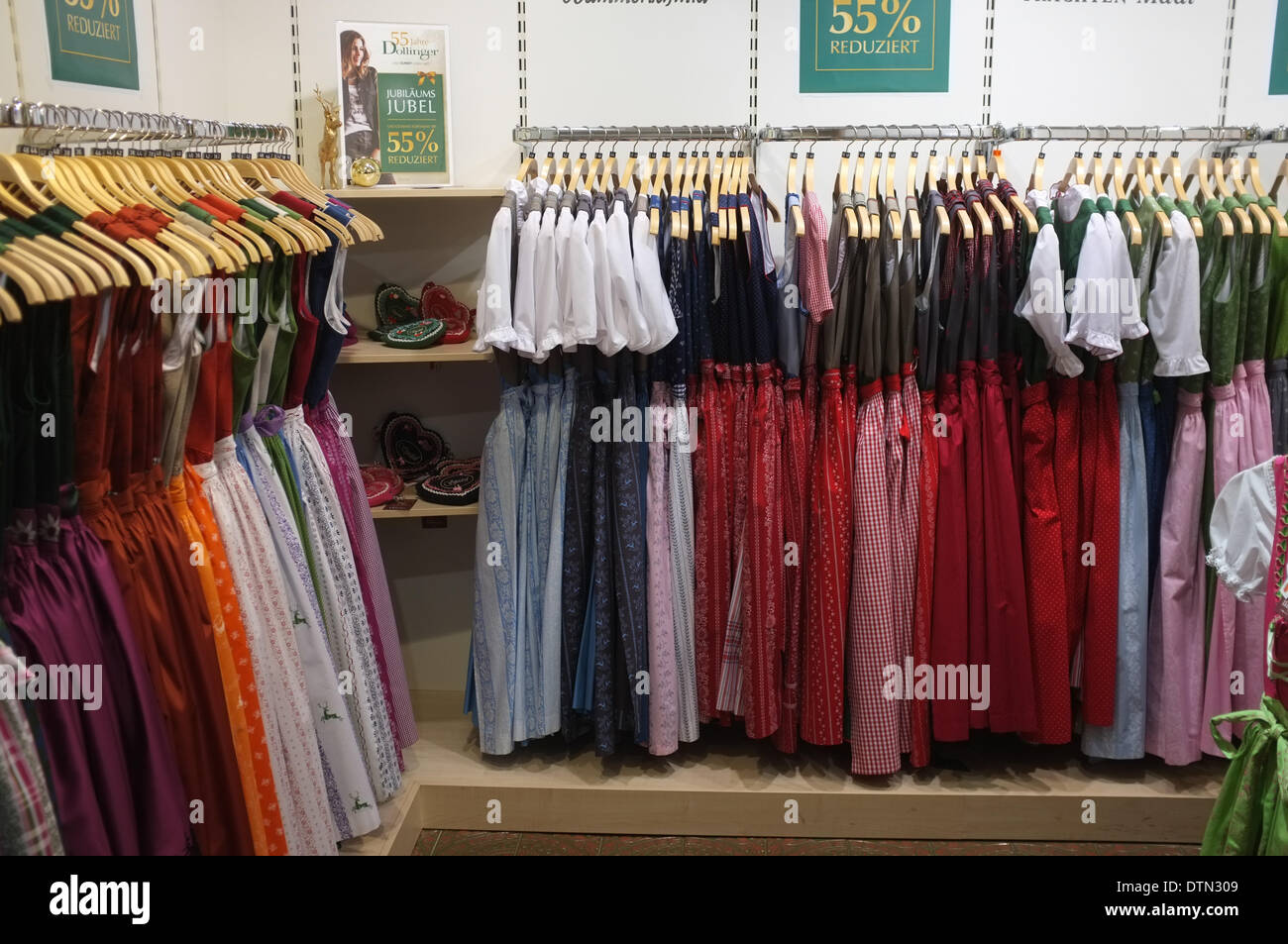 Shop for Dirndl dresses - female costume in Bavaria - 4 January 2014. Stock Photo