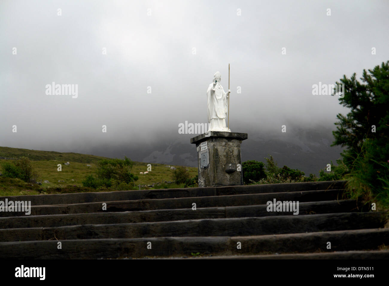 Statue of Saint Patrick at pelgrimage site on Croach Patrick Ireland Stock Photo