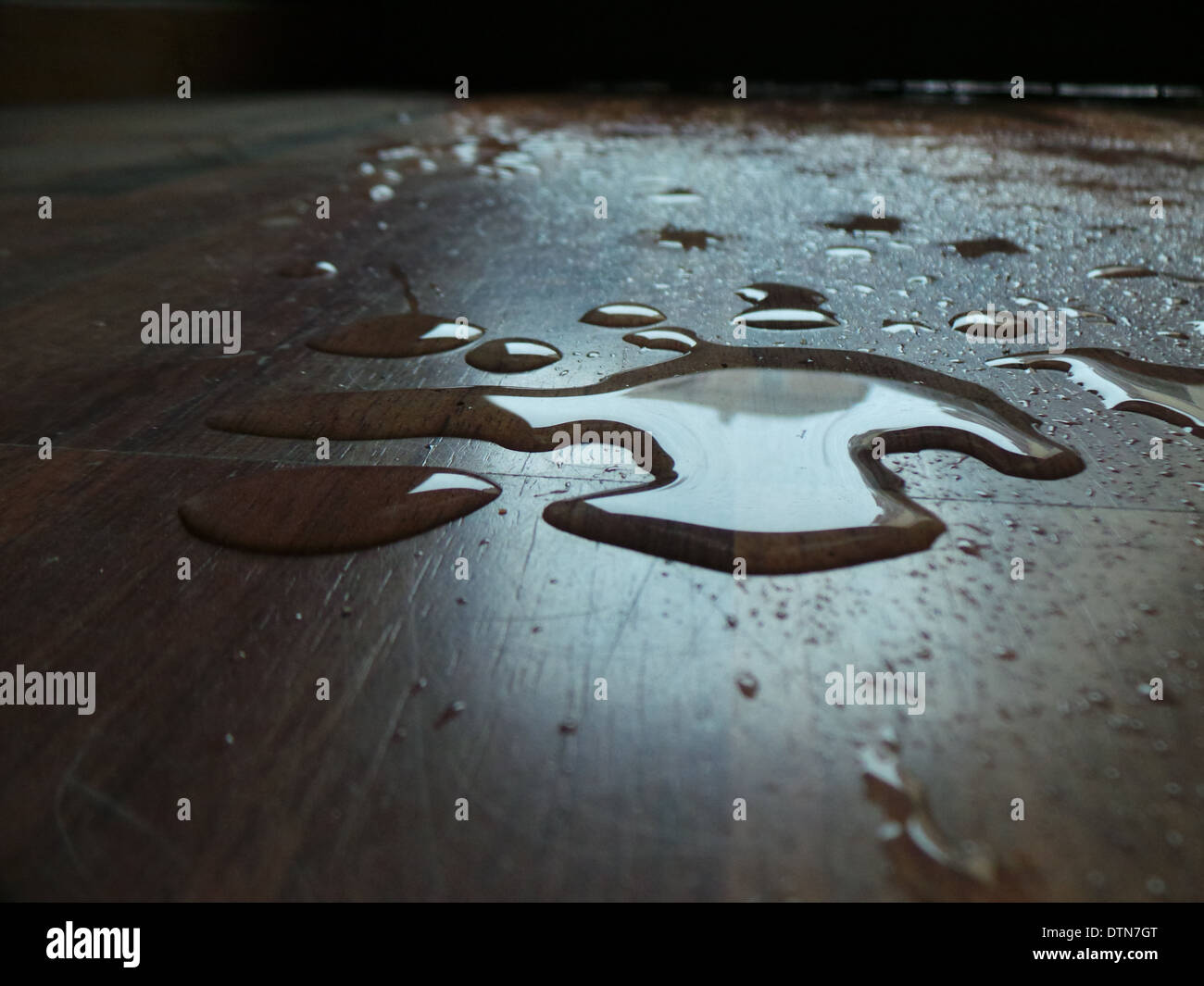 Water puddle on parquet floor Stock Photo