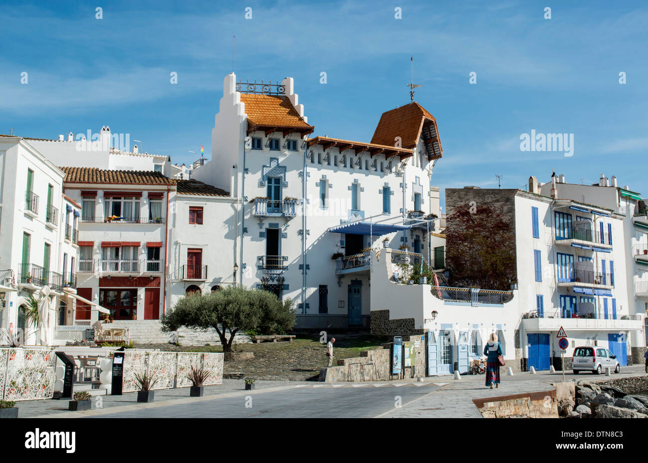 The tall Casa Serinyana or Casa blau in Cadaques, Cap de Creus peninsula, Costa Brava, Catalonia, Spain Stock Photo