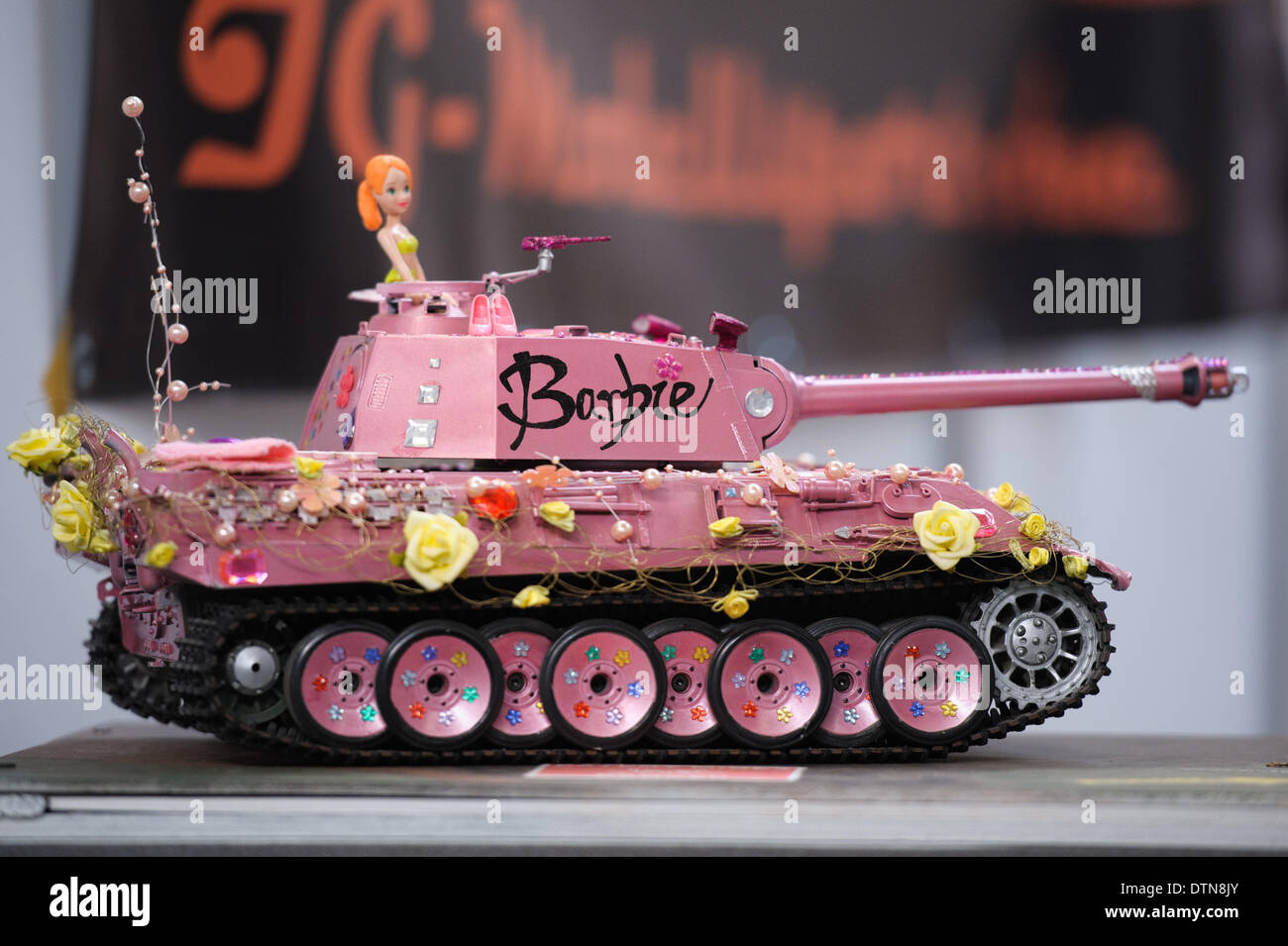 Erfurt, Germany. 21st Feb, 2014. A model of a pink tank lettered 'Barbie'  at the model making trade fair 'Erlebniswelt Modellbau - Modellbau, Spiel &  Unterhaltung' in Erfurt, Germany, 21 February 2014.