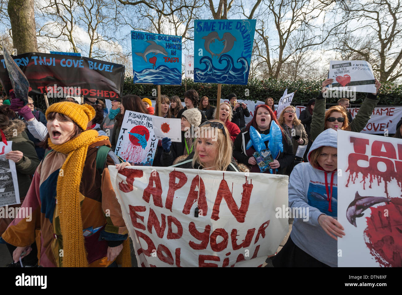 Piccadilly, London, UK. 21st Feb 2014.  Protesters stage a demonstration outside the Embassy of Japan in London, against the slaughter and capture of dolphins and small whales in Japan. The dolphin drive hunt in Taiji, takes place every year from September to April. Credit:  Lee Thomas/Alamy Live News Stock Photo