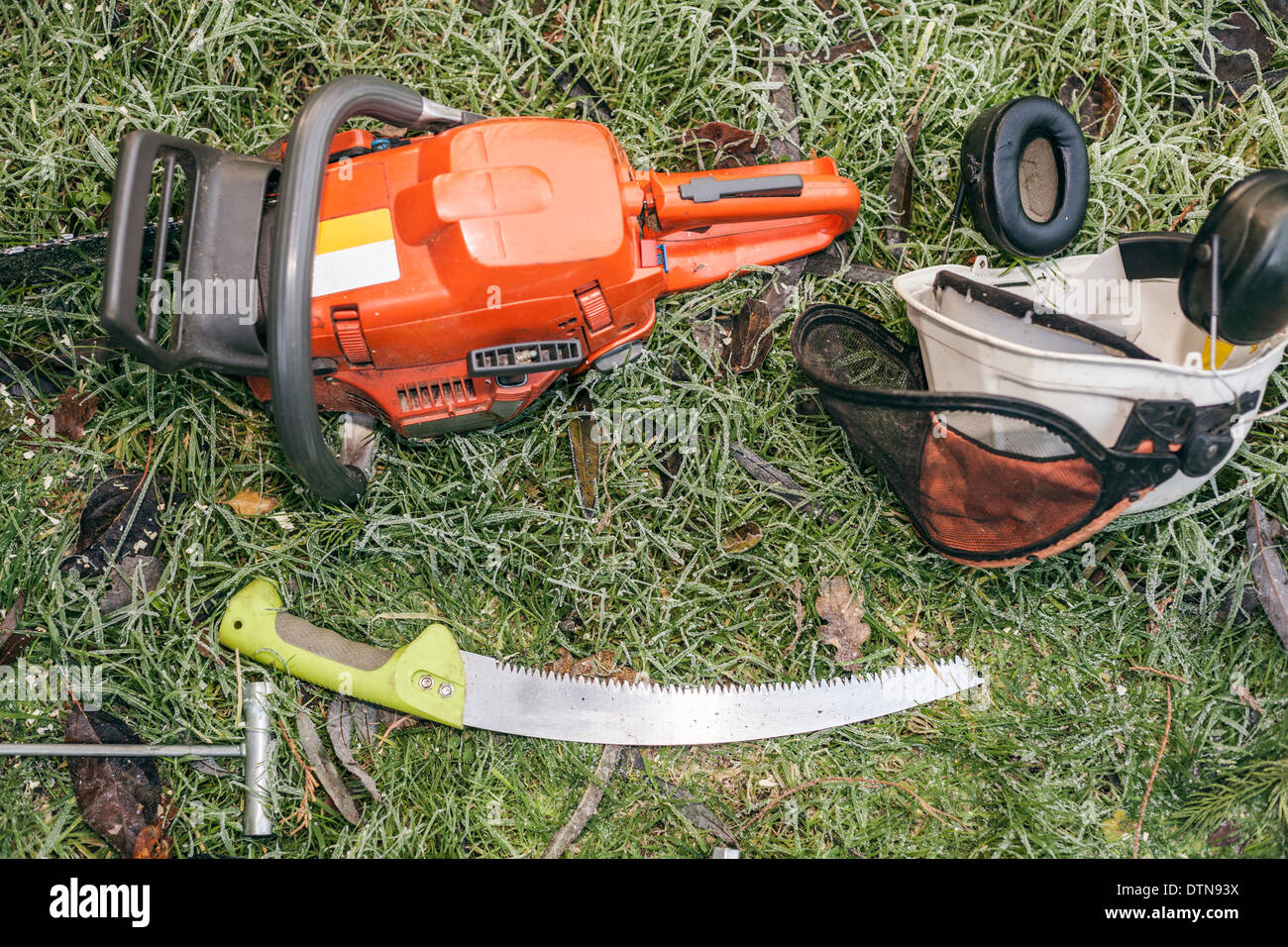 Chainsaw and pruning handsaw lying in the garden. Stock Photo