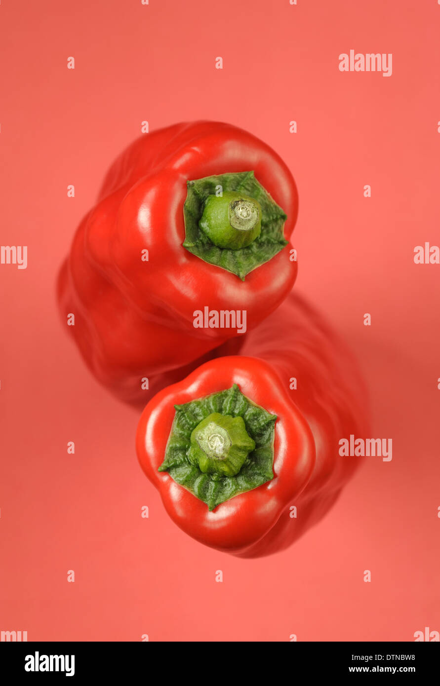 Two red peppers on red background Stock Photo