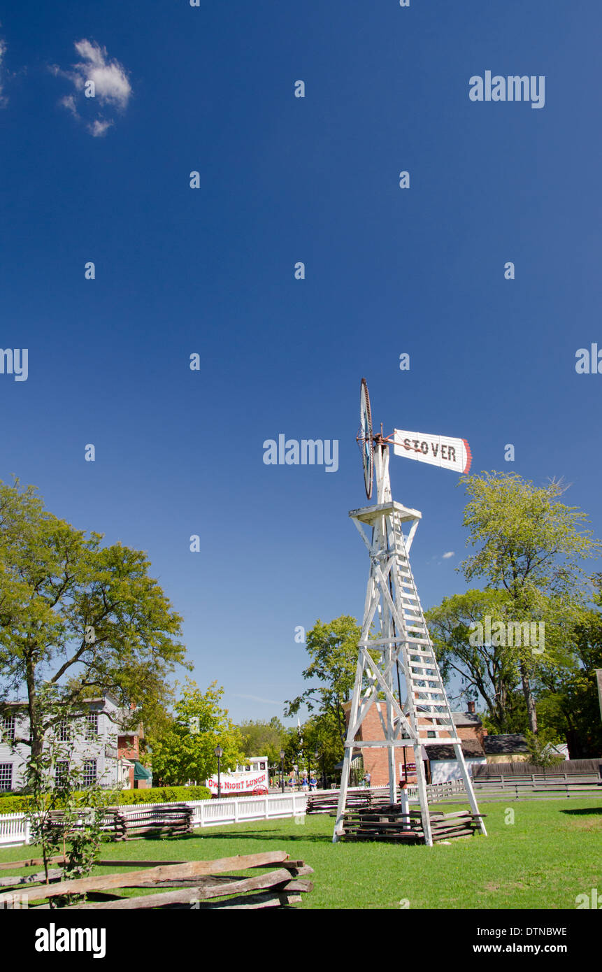 Michigan, Dearborn. Greenfield Village, National Historic Landmark. Classic vintage Stover windmill. Stock Photo