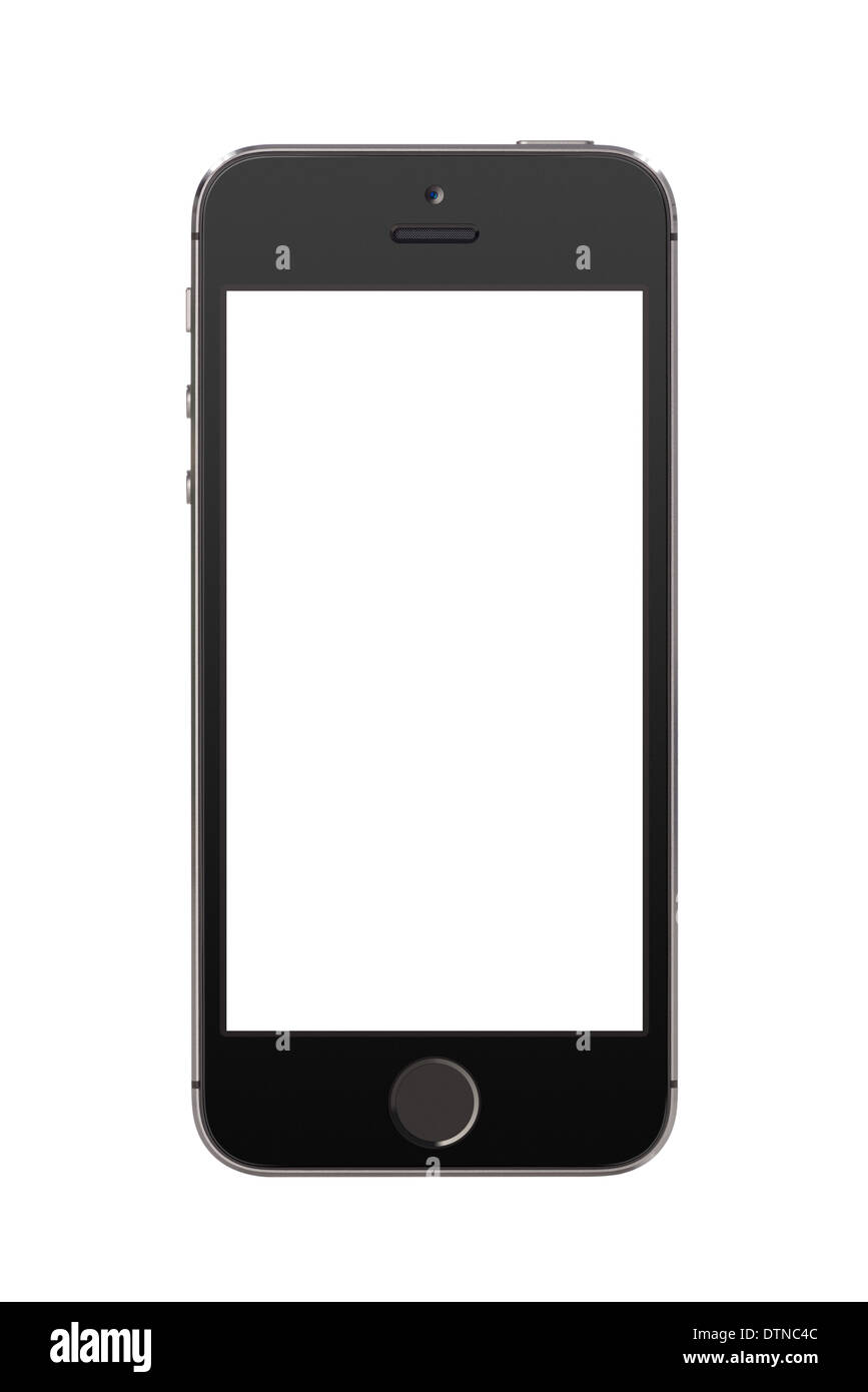 Directly front view of a modern black mobile smart phone with blank screen isolated on white background. High quality. Stock Photo