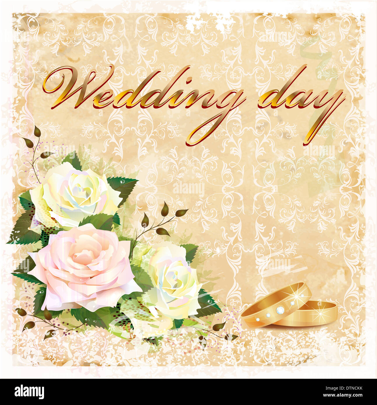vintage wedding card with roses and rings Stock Photo - Alamy