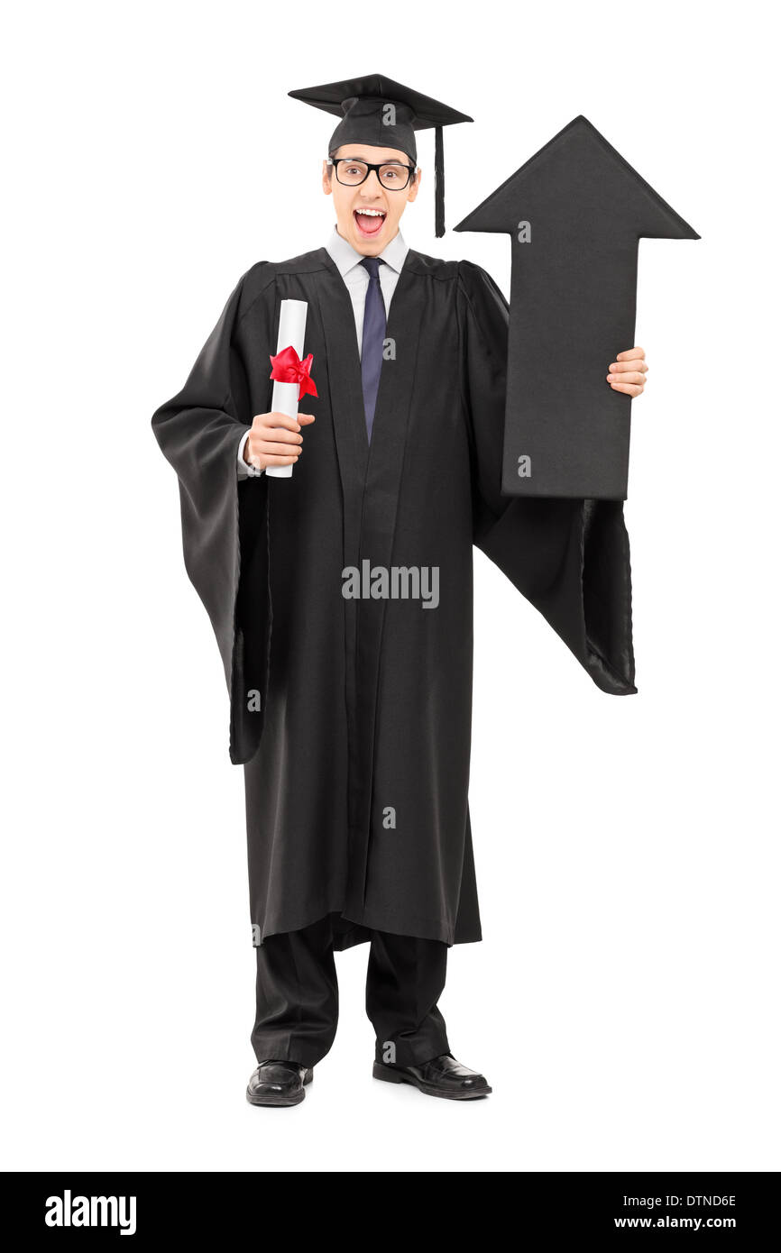 Full length portrait of male graduate student holding diploma and a big ...