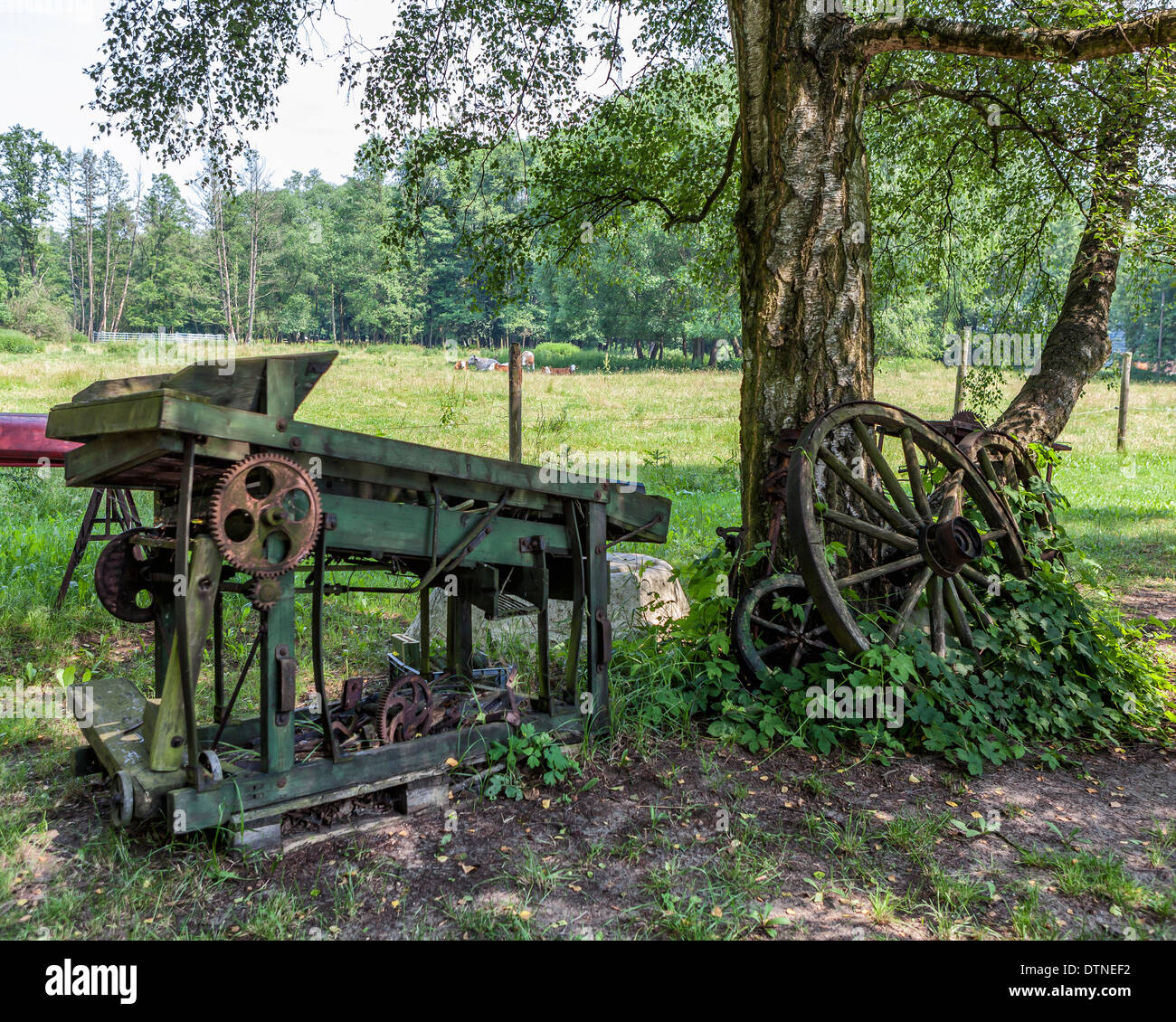 Old rusty disused farm machinery and wagon wheels on a farm in the