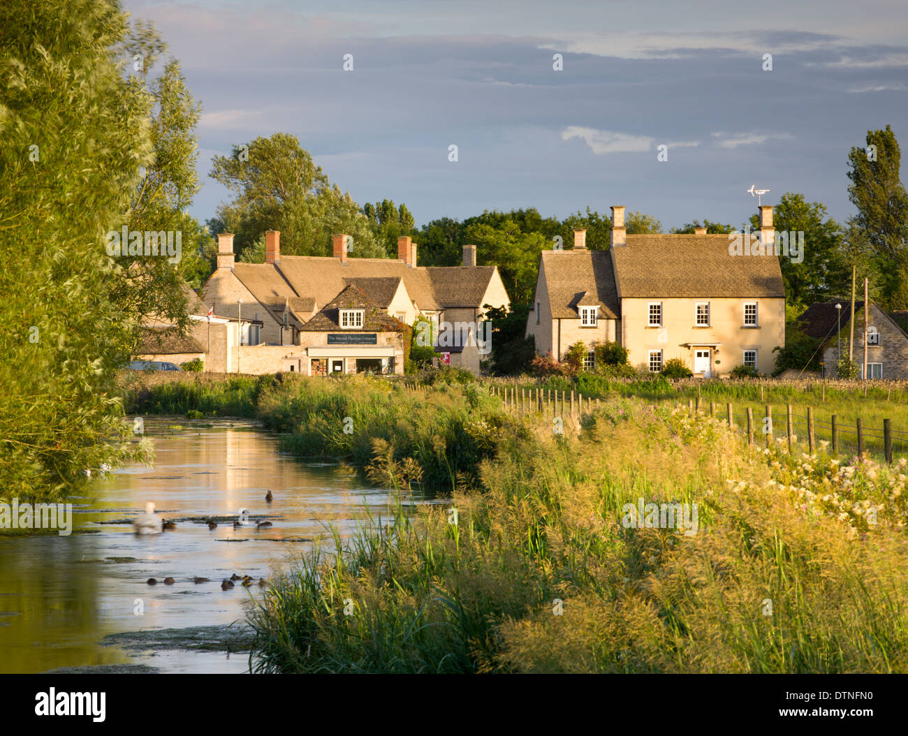 Cottages near the River Coln at Fairford in the Cotswolds, Gloucestershire, England. Summer (July) 2010. Stock Photo