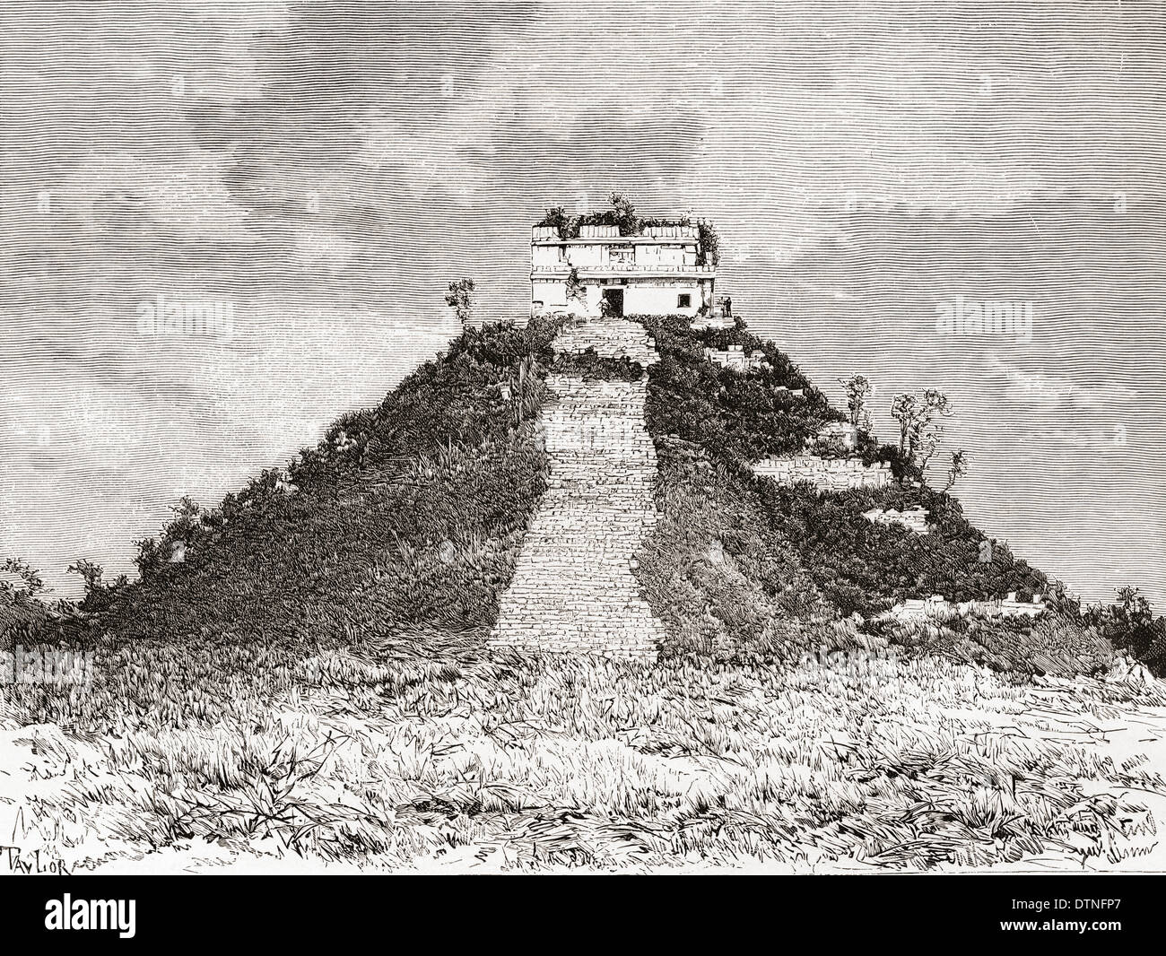 Chichen Itza, Yucatán, Mexico. El Castillo aka Kukulkan's pyramid, in the 19th century before its restoration. Stock Photo