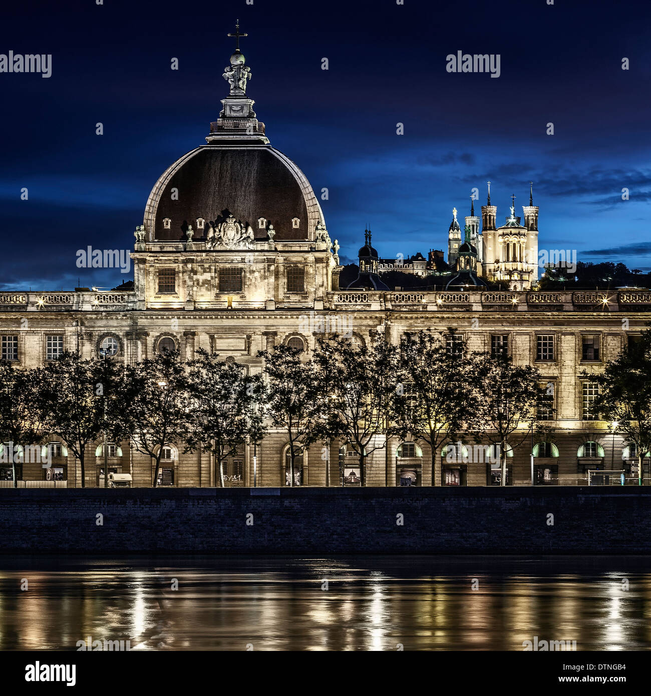 Lyon by night with Saone river Stock Photo
