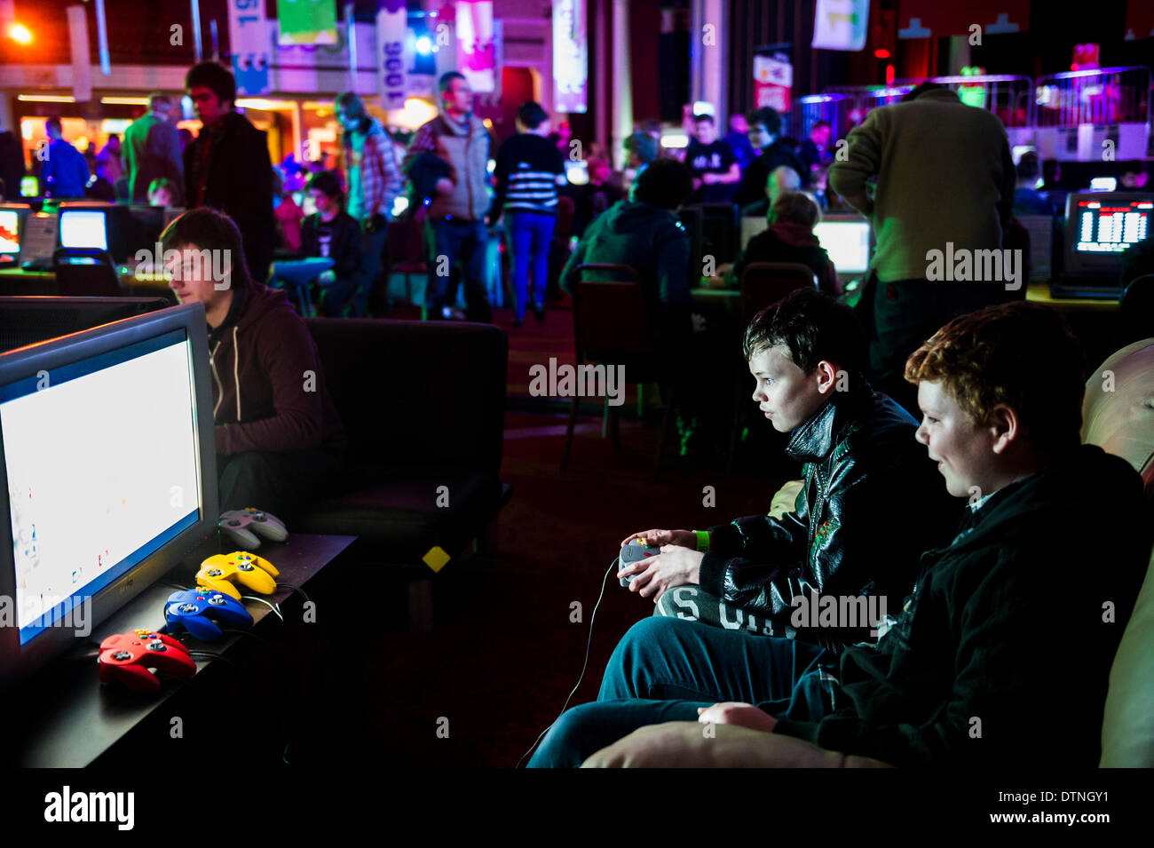 Margate, Kent, UK. 21st February, 2014.  Young teenagers enjoying themselves at a gaming EXPO in Margate in Kent.  Photographer: Gordon Scammell/Alamy Live News Stock Photo