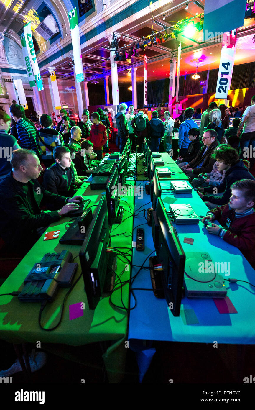 Gamers of all ages enjoying themselves at a gaming EXPO in Margate. Stock Photo