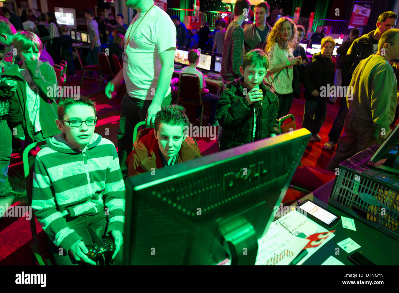 Margate, Kent, UK. 21st February, 2014.  Young gamers concentrating on playing a game at a gaming EXPO in Margate.  Photographer: Gordon Scammell/Alamy Live News Stock Photo
