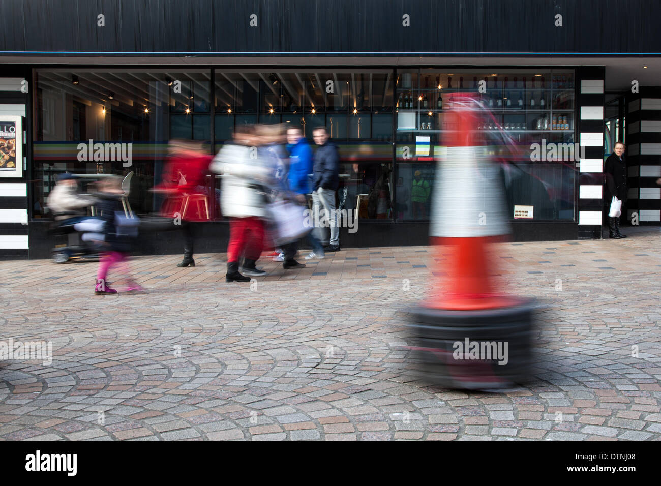 Blackpool, Lancashire, UK 12st February, 2014.  Motorised Traffic Cones at the  'Road Worker Show', an act with Cones and Bollards,  a Lottery-funded arts company based in Brixton, set up to bring art, entertainment, humour and surprise into everyday places in the built environment.  High spirits with the 'Bureau of Silly Ideas' performing at Blackpooll's annual festival of circus, magic & new variety. The ten-day festival of magic that is Showzam sees Blackpool’s famous landmarks overrun with street artists. Credit:  Mar Photographics/Alamy Live News Stock Photo