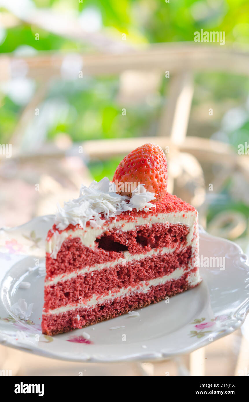 Piece of fruit cake with fresh strawberry Stock Photo