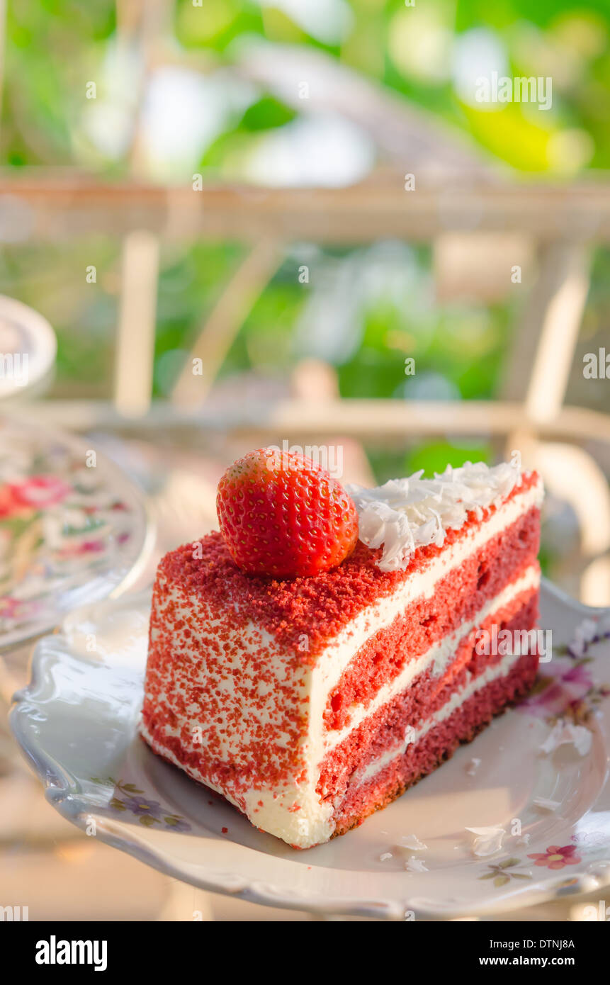 Piece of fruit cake with fresh strawberry Stock Photo