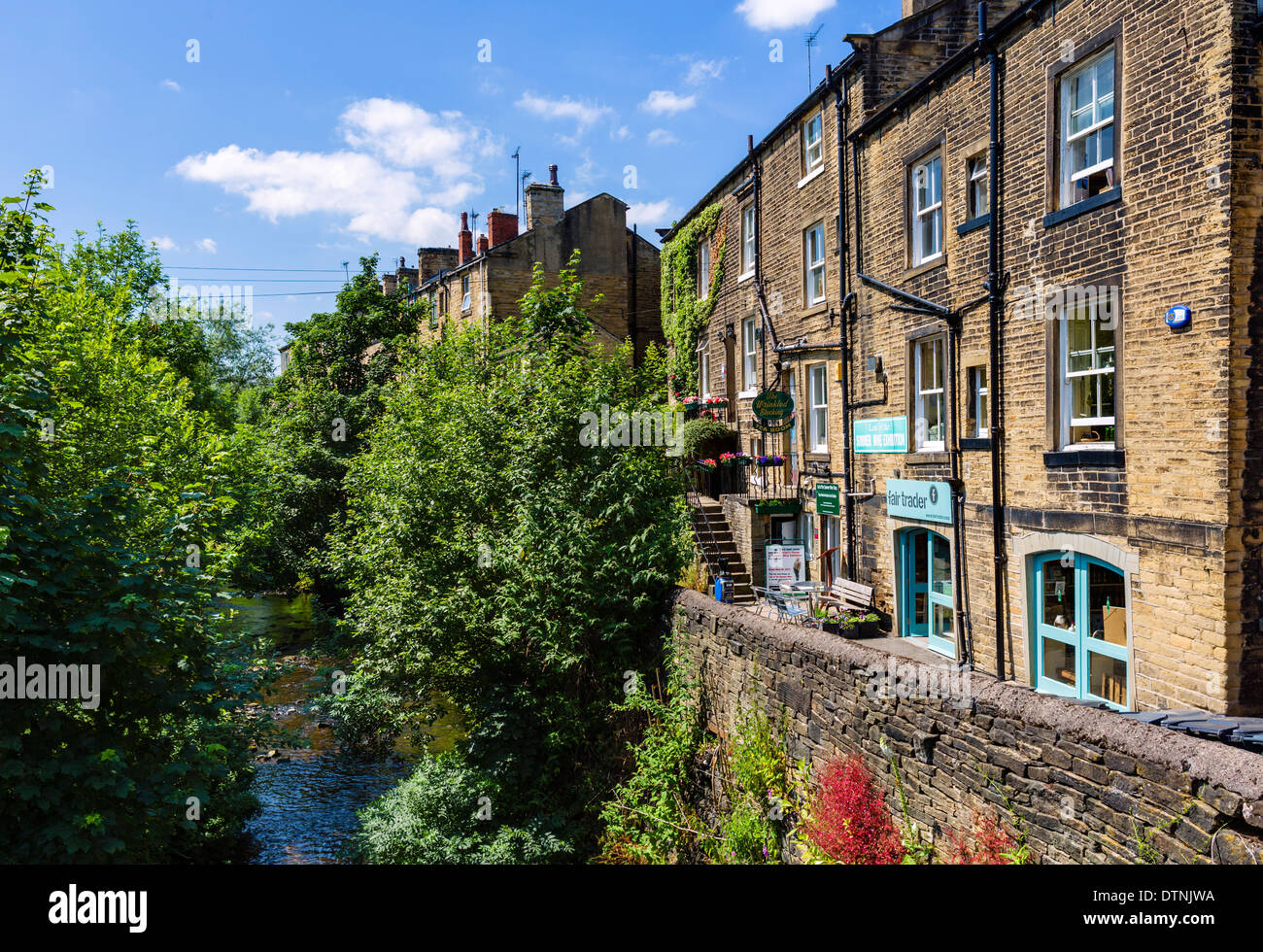 River Holme and Wrinkled Stocking Cafe (Compo's house in Last of the Summer Wine), Holmfirth, West Yorkshire, England, UK Stock Photo