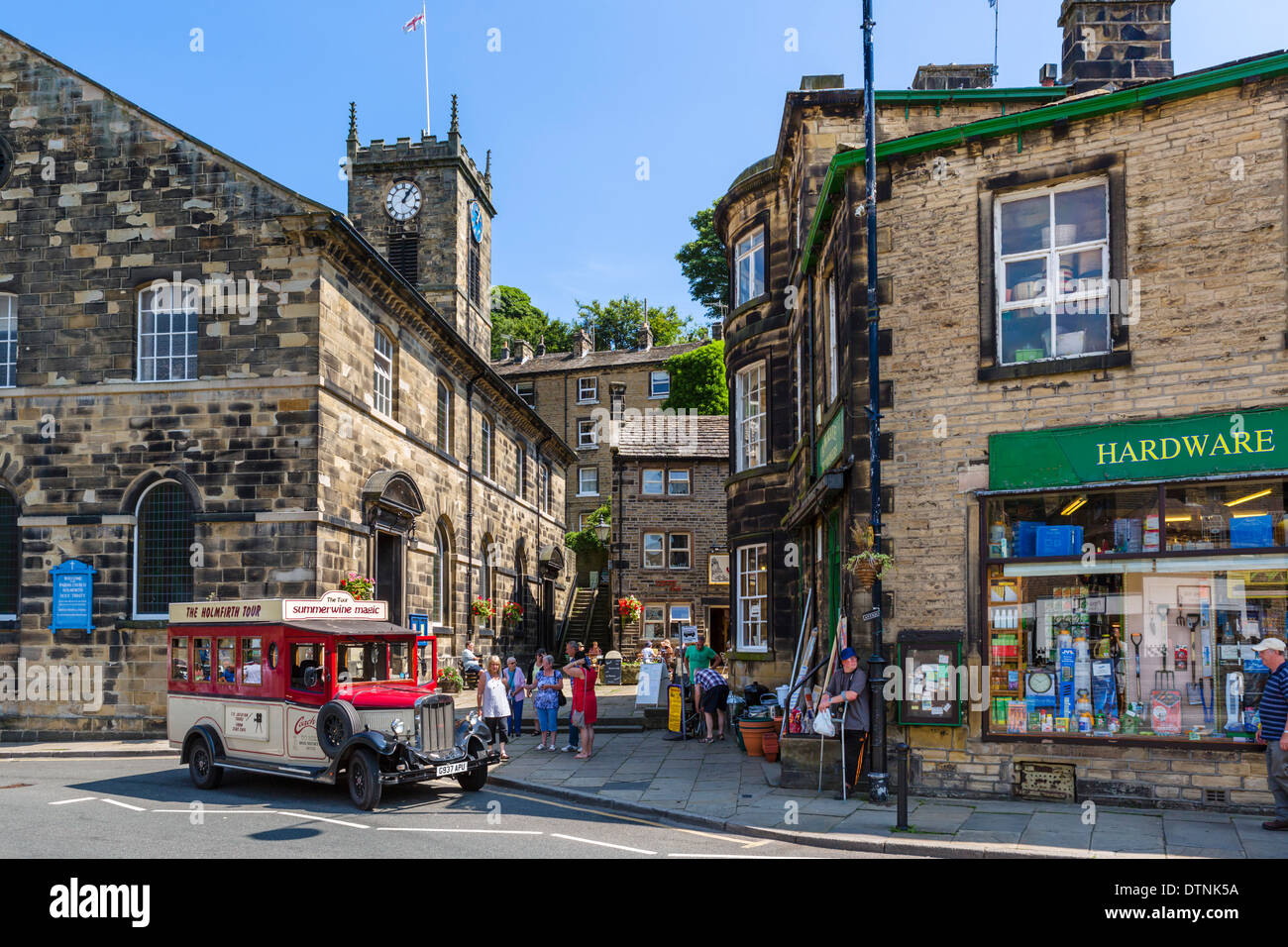 Summer Wine tour bus on Towngate in the town centre, Holmfirth, West Yorkshire, England, UK Stock Photo