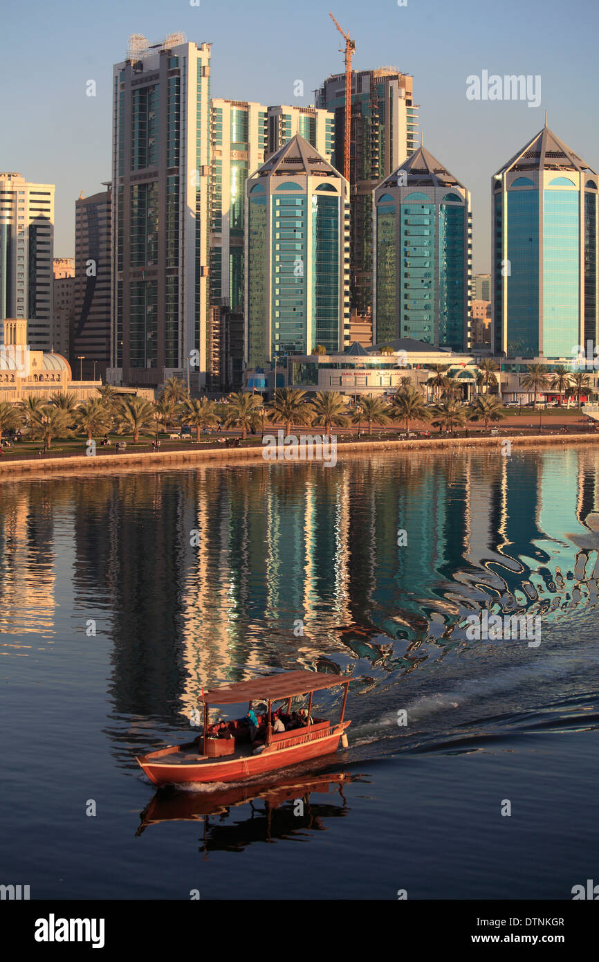 United Arab Emirates, Sharjah, Khalid Lagoon, skyline, boat, Stock Photo