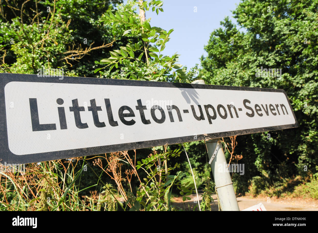 Road sign with the words Littleton-upon-Severn on a lane leading into the pretty South Gloucestershire village on the banks of the River Severn Stock Photo