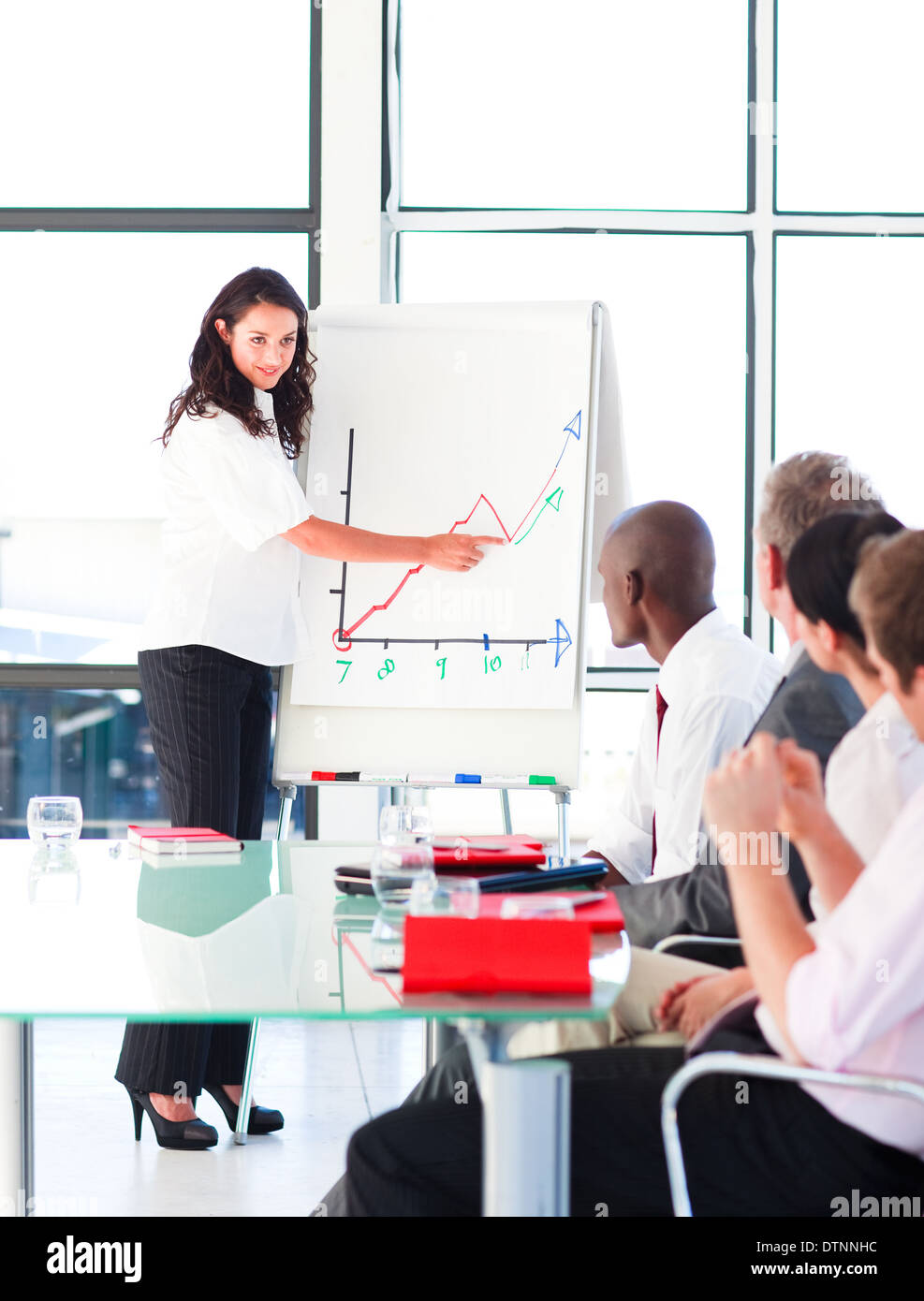 Businesswoman explaining a graph to her team Stock Photo - Alamy